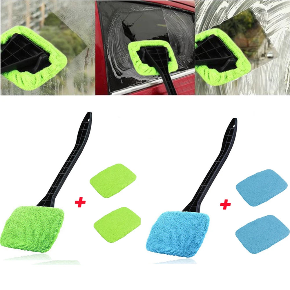 Car Window Windshield Brush Microfiber Cloth Auto Window Cleaner Long Handle Car Washable Brush Clean Tool with 2Pcs Cloth