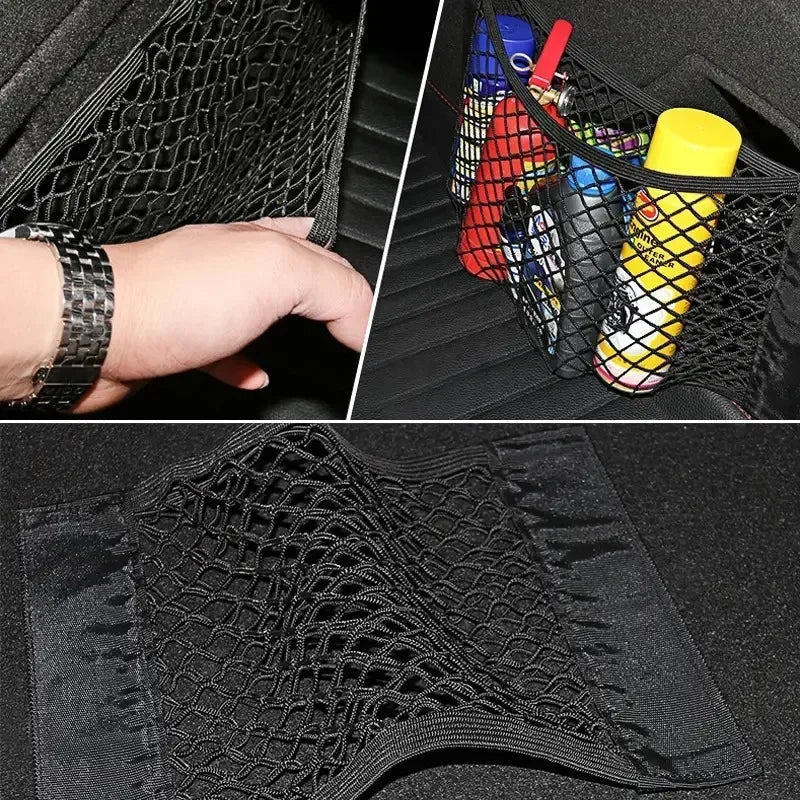 1 Universal Car Storage Bag Dual-Layer Mesh Trunk Organizer, Integrated Car Storage Bag, Car Fire Extinguisher Mounting Net