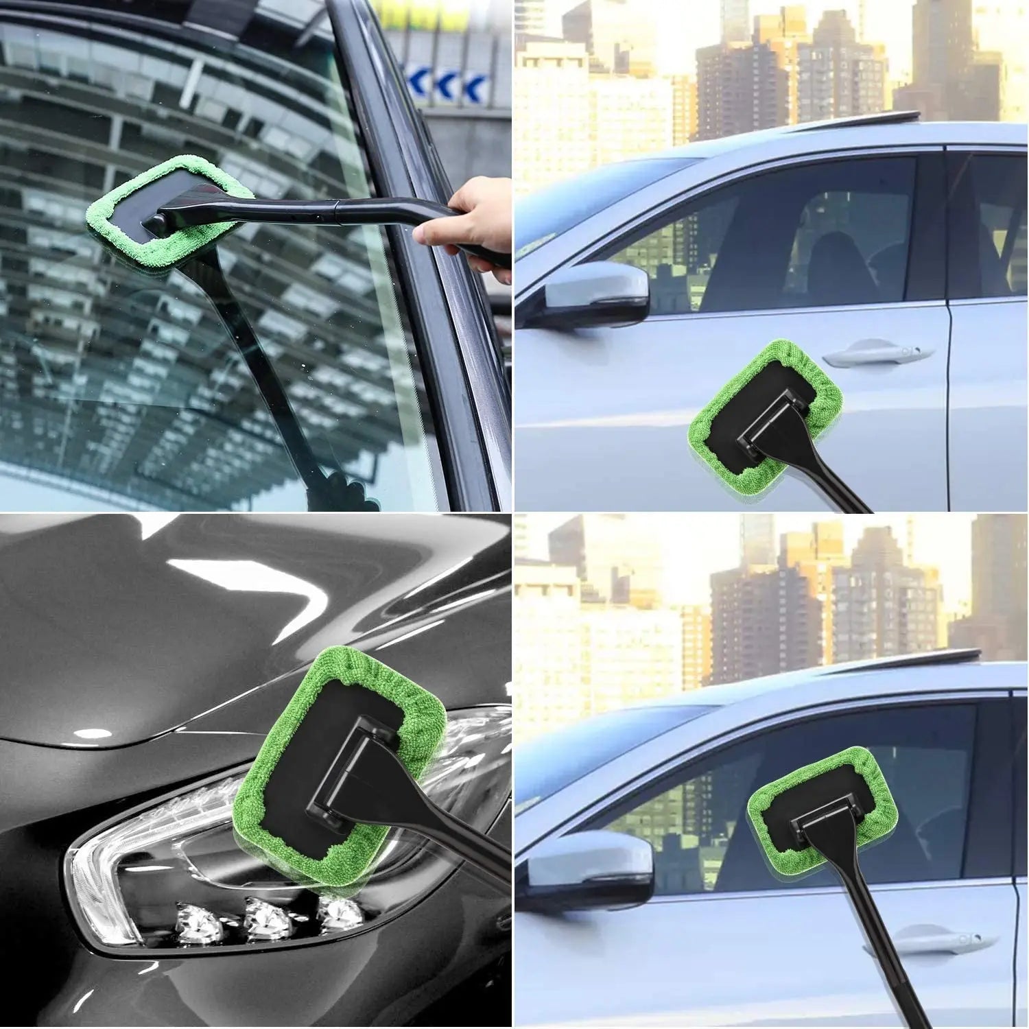 Car Window Windshield Brush Microfiber Cloth Auto Window Cleaner Long Handle Car Washable Brush Clean Tool with 2Pcs Cloth