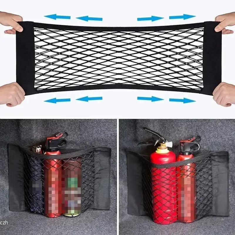 1 Universal Car Storage Bag Dual-Layer Mesh Trunk Organizer, Integrated Car Storage Bag, Car Fire Extinguisher Mounting Net